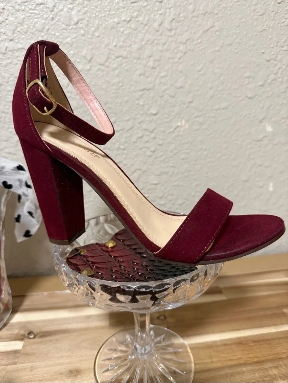 BAMBOO Burgundy Suede Block Heel Ankle Strap Sandal
